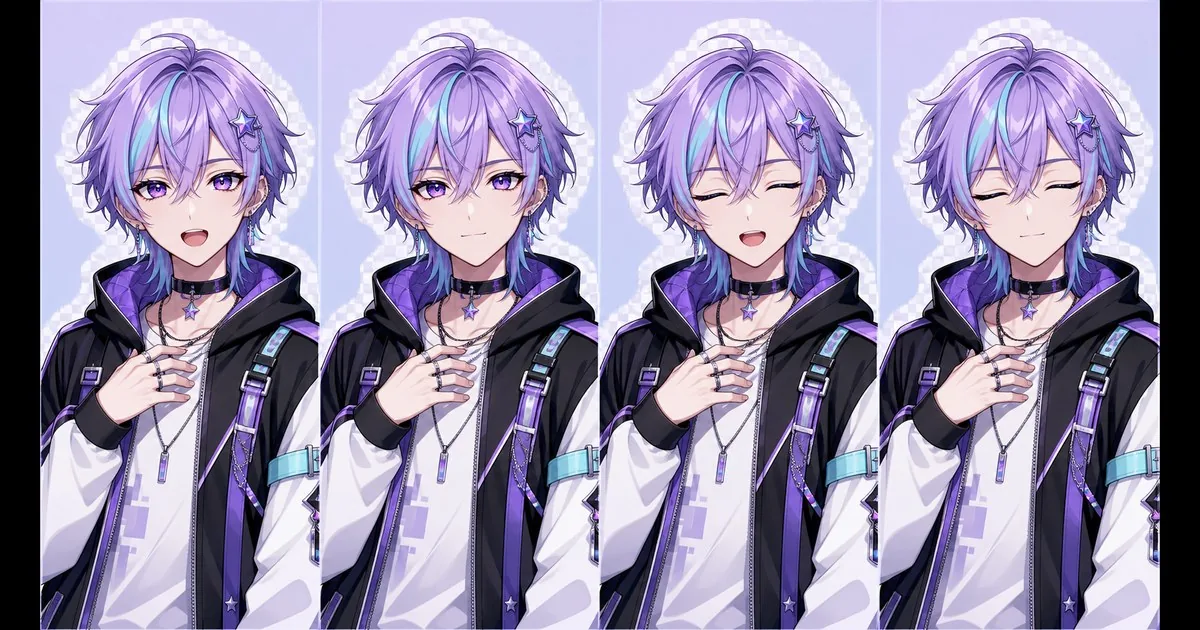 Same PNGTuber character in four consistent talking, quiet and blinking expression states