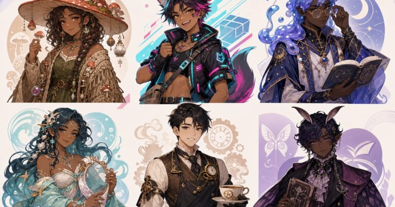 Six diverse original PNGTuber character concepts in a streamer design gallery