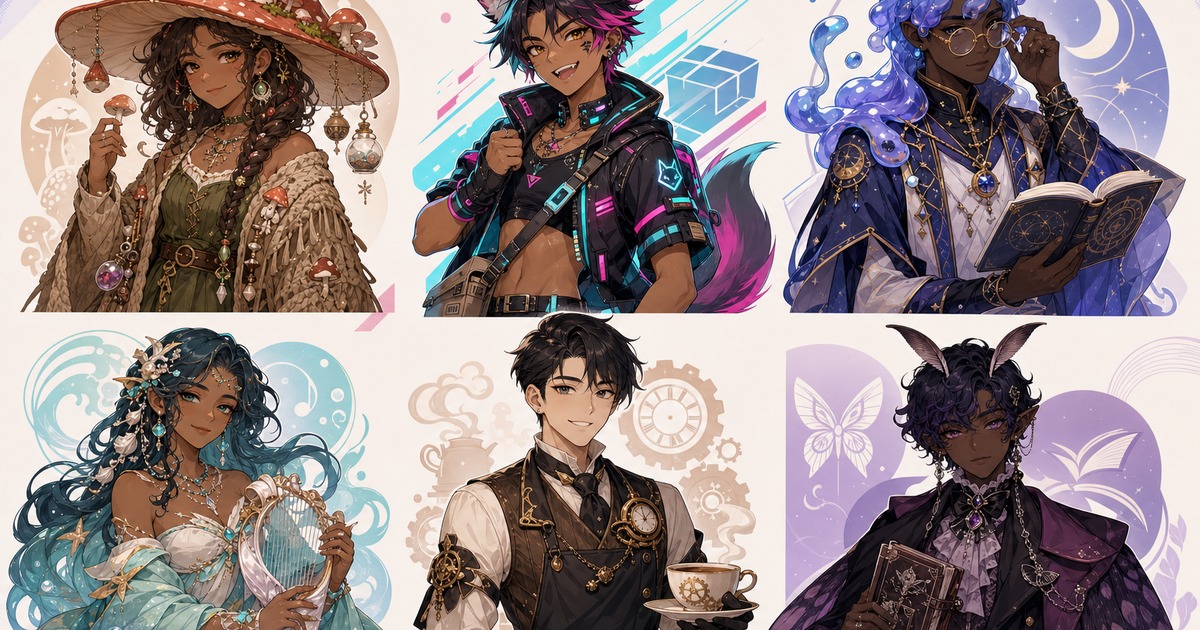 Six diverse original PNGTuber character concepts in a streamer design gallery