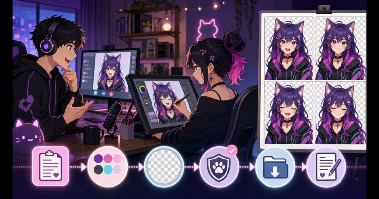 Streamer and digital artist reviewing a four-state PNGTuber commission workflow