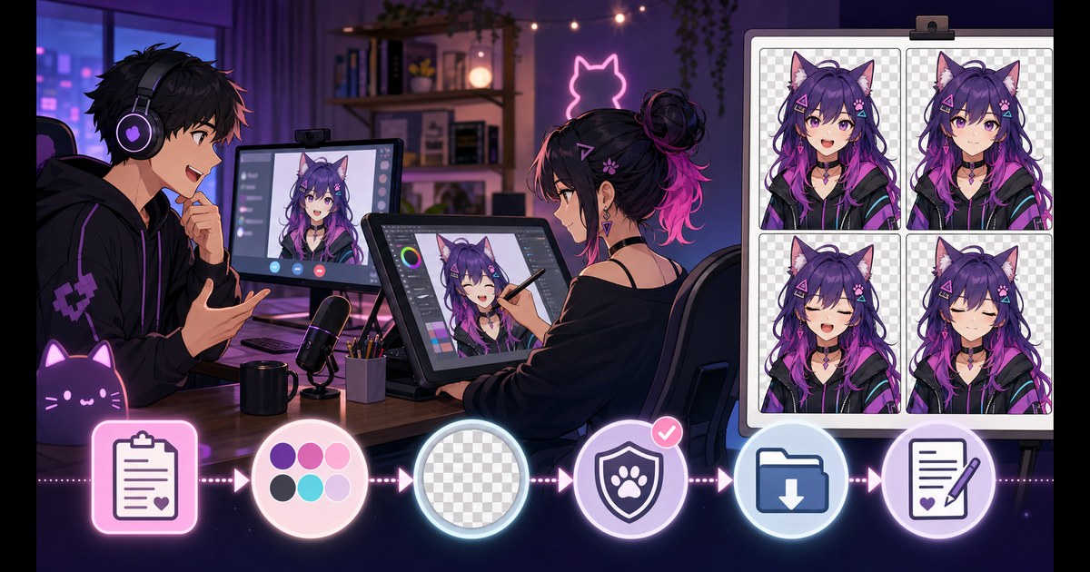 Streamer and digital artist reviewing a four-state PNGTuber commission workflow