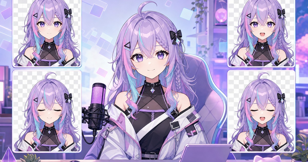 Purple-haired PNGTuber with four speaking and blinking expression states