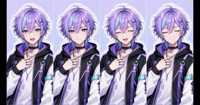 Same PNGTuber character in four consistent talking, quiet and blinking expression states