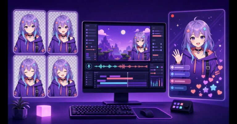 Four reactive PNGTuber states connected through streaming software to a live broadcast