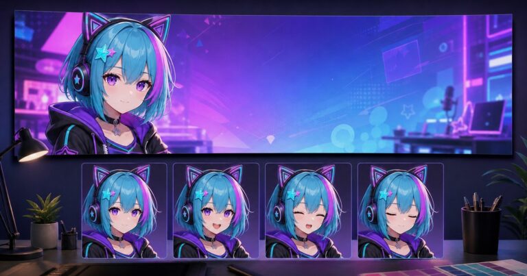 Matching PNGTuber character states and panoramic streaming banner artwork
