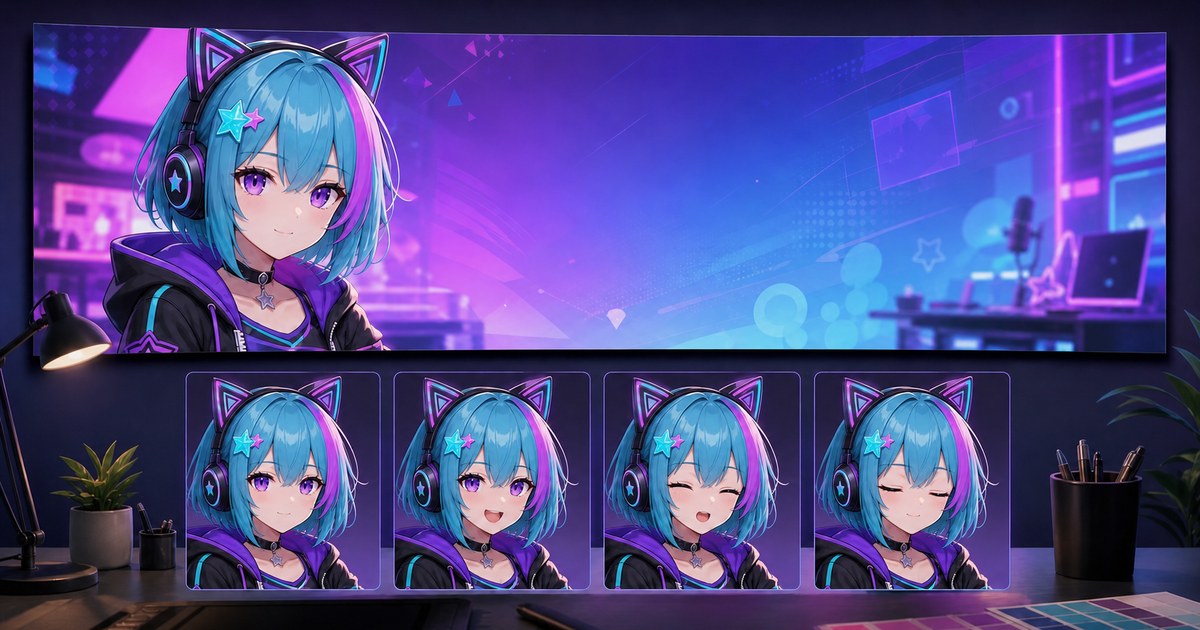 Matching PNGTuber character states and panoramic streaming banner artwork