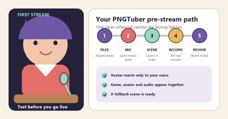 Illustrated pre-stream workflow showing a PNGTuber avatar beside checks for files, microphone, scene, recording, and review.