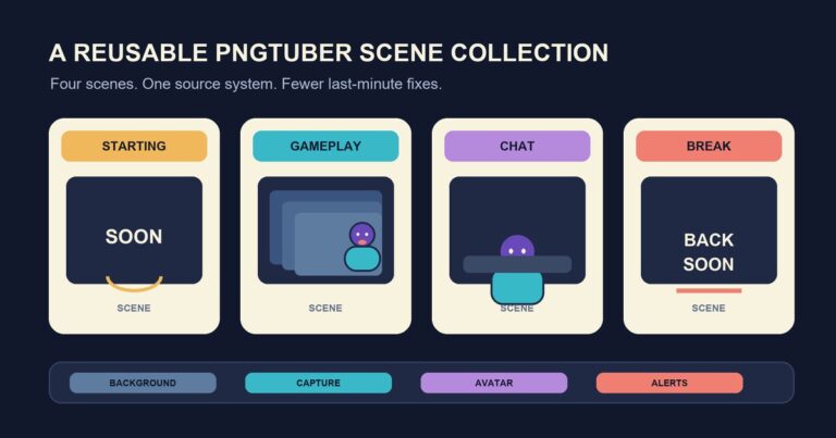 Four reusable PNGTuber stream scenes arranged as Starting, Gameplay, Chat, and Break