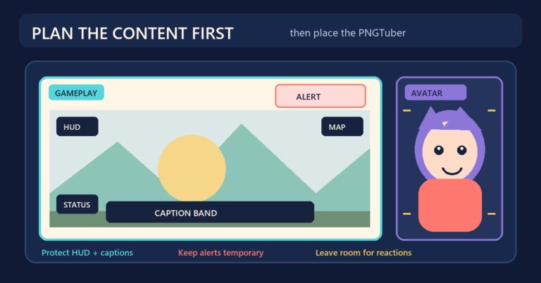 Stream overlay diagram with a clear gameplay area, HUD markers, caption band, alerts, and a PNGTuber beside the game
