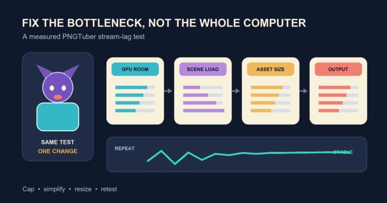 PNGTuber stream performance test showing GPU, scene, asset, and output checks