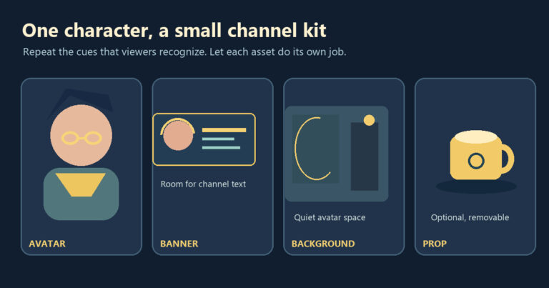Editorial diagram of a PNGTuber avatar, matching channel banner, quiet stream background and optional prop